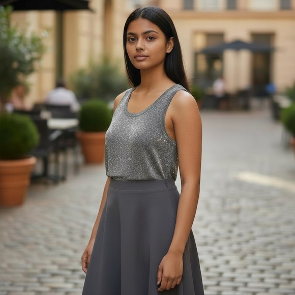 Chico’s Shimmering Chic Metallic Grey Sleeveless Sweater Tank- Chico Sz. 1 ~ New - Picture 11 of 11